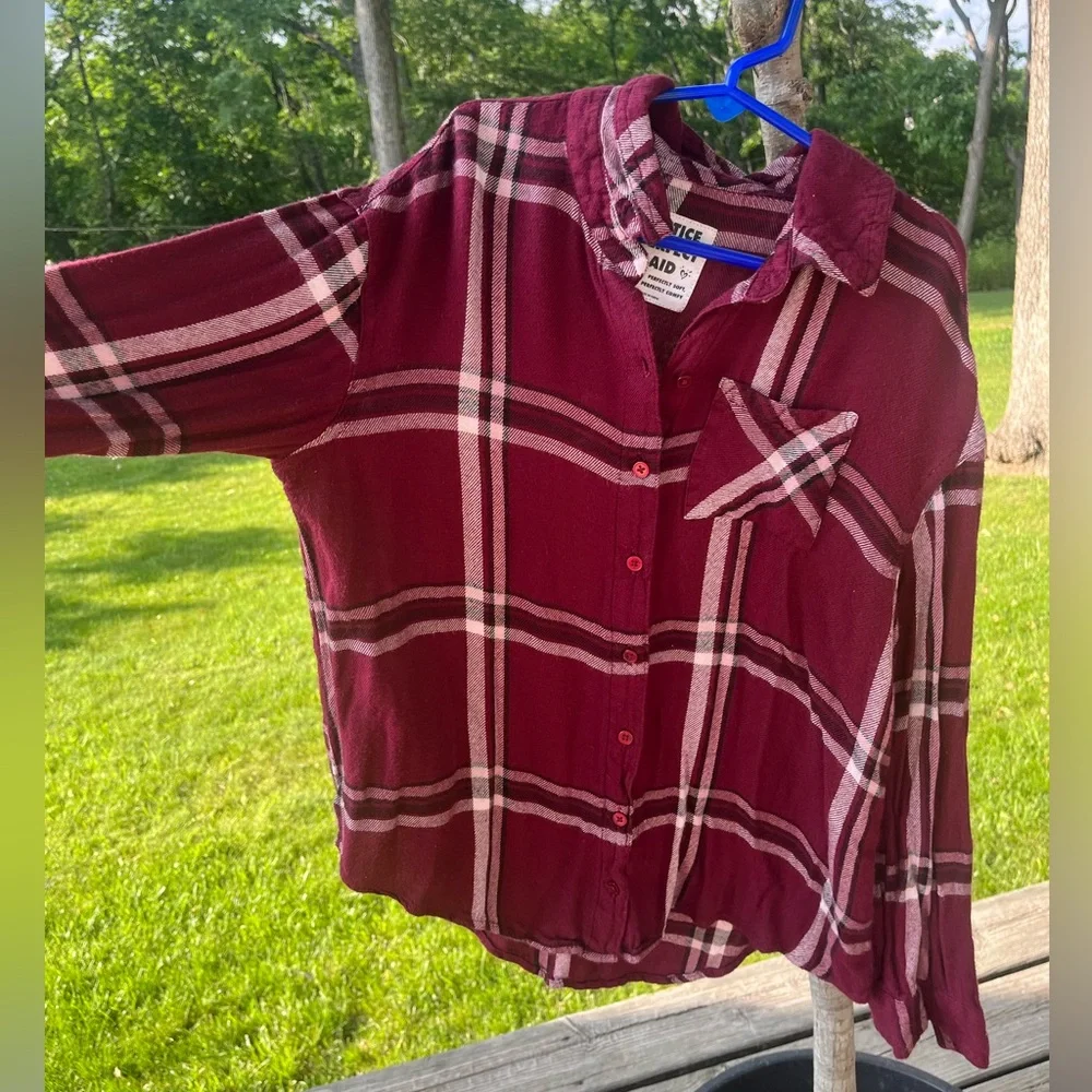 Justice “Perfect Plaid” Girls' Maroon Red Flannel Soft Button-Up Shirt Sz 12